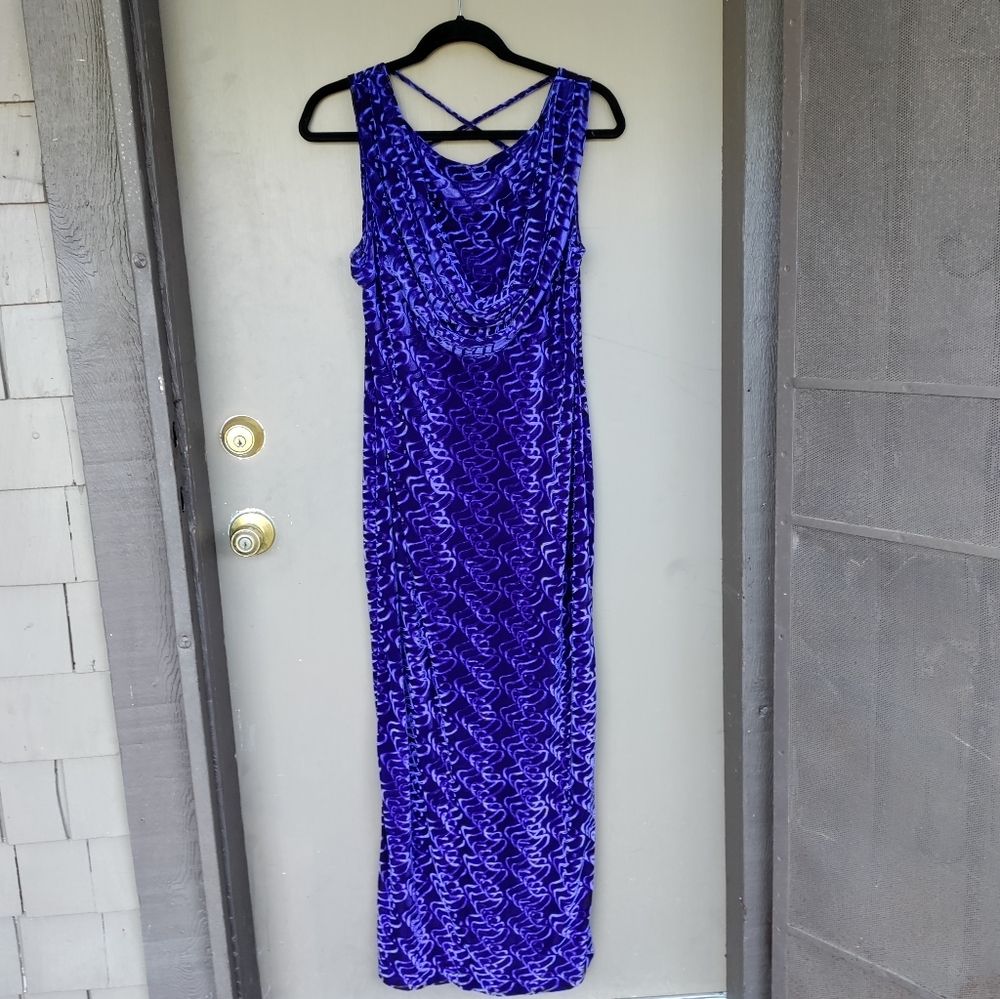 Cartise International Blue Velvet Patterned Maxi Dress Sleeveless Drape Front